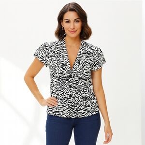 Harve Bernard Zebra Print Button Front Top Short Sleeve PM